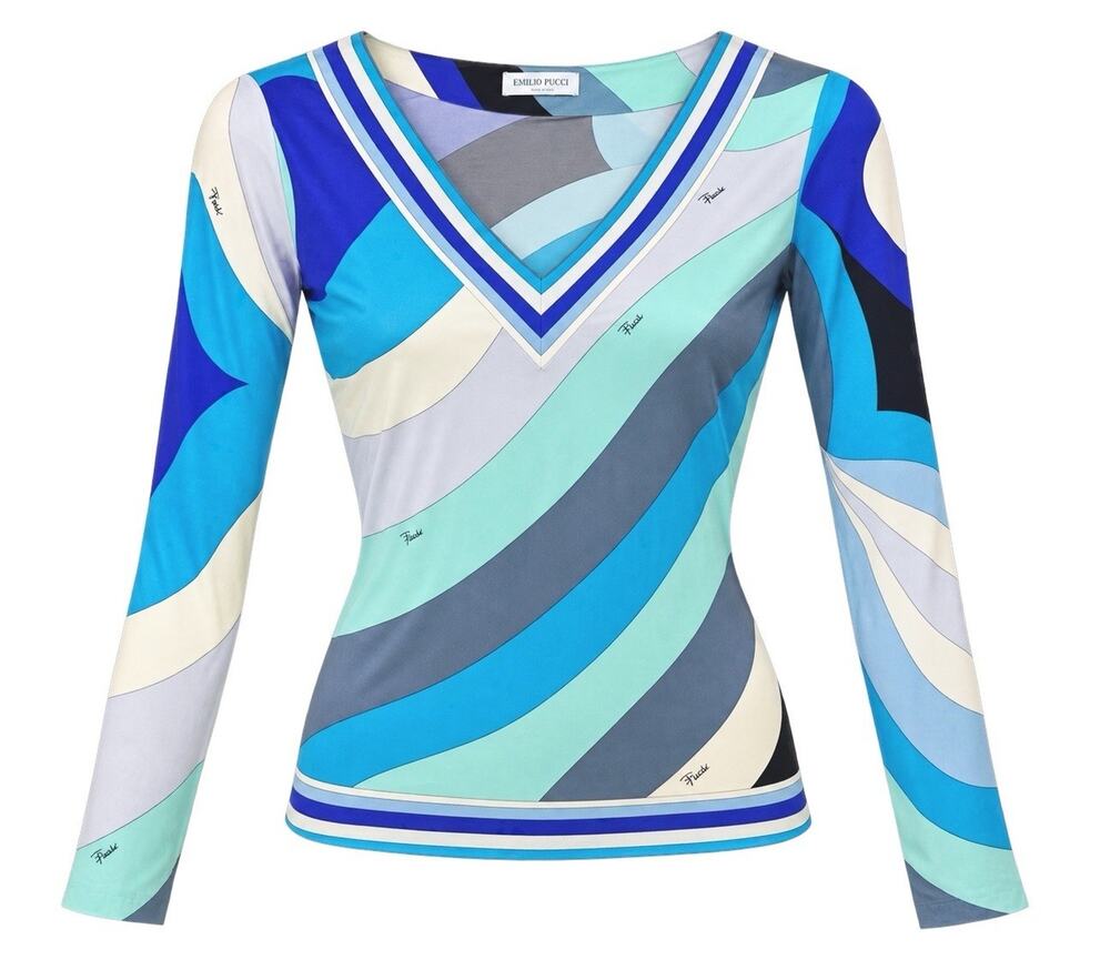 Vintage Emilio Pucci Firenze Silk Jersey V Neck Print Top Blue US 10 Italy